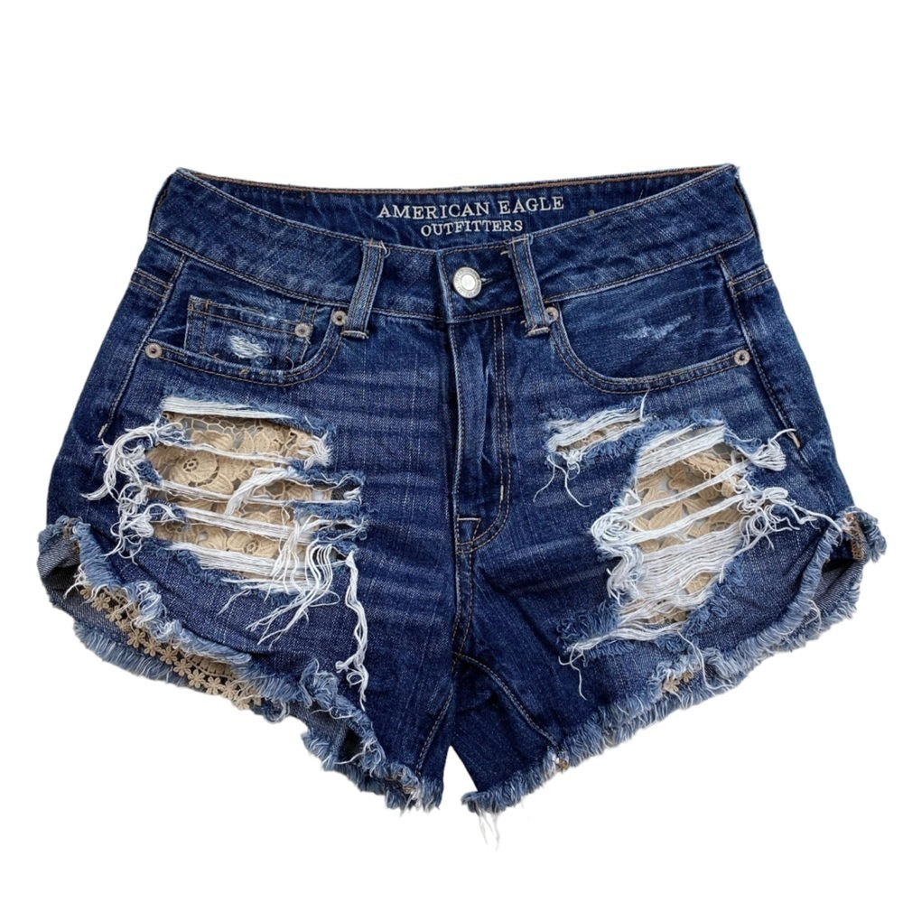 American Eagle Women’s Shorts Hi-Rise‎ Festival Denim Jean Shortie Holes Crochet